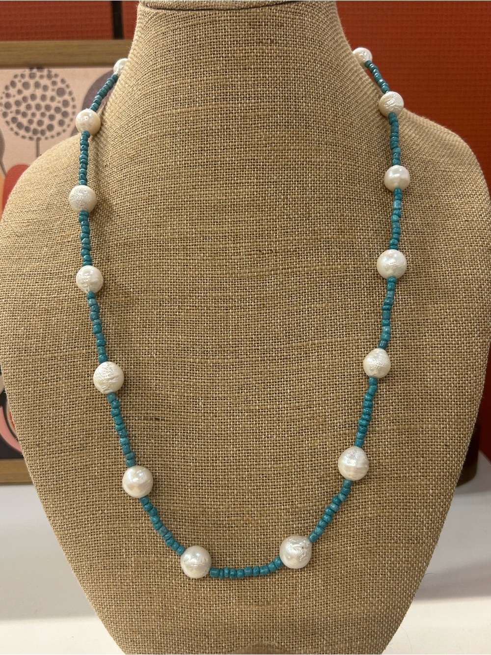 Artisan Turquoise dyed beads large Freshwater Pearls silver tone clasp 30”